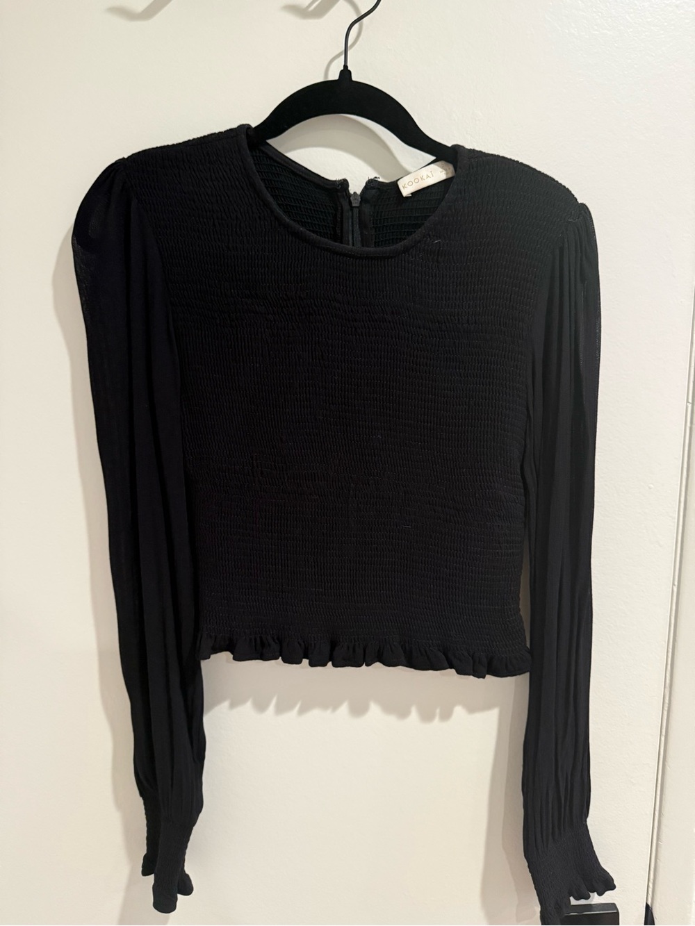 Kookai Black Smocked Long Sleeve Crop Top